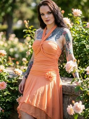 Ruby Rox ✦ Peach Glitter Halter Dress ✦ Ruched Bodice Handkerchief Hem S